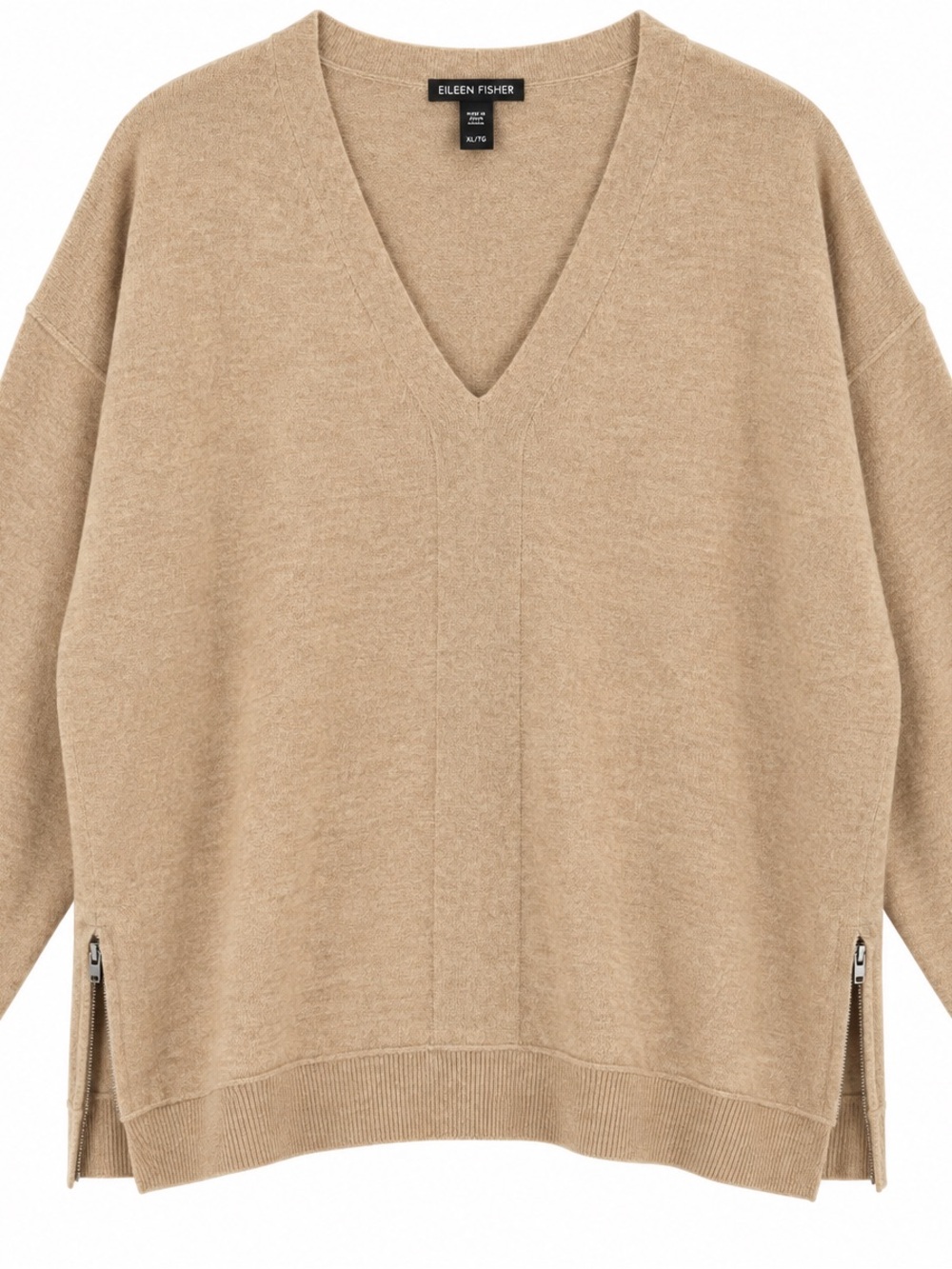 Eileen Fisher 100% Cashmere V-Neck Side Zip Sweater XL Beige